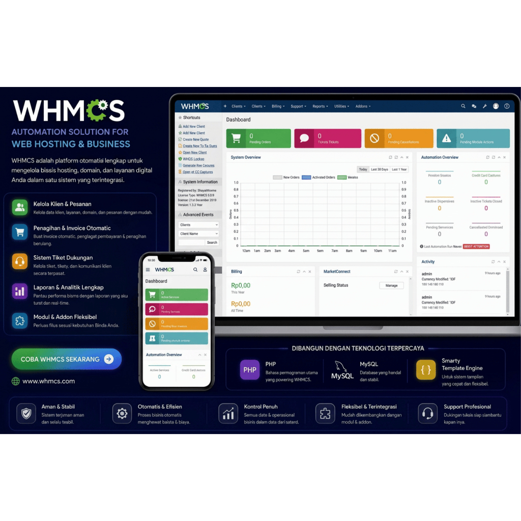 WHMCS 9.0.6 Original Lifetime License - Sistem Billing Hosting & Client Management +Themes Erahost