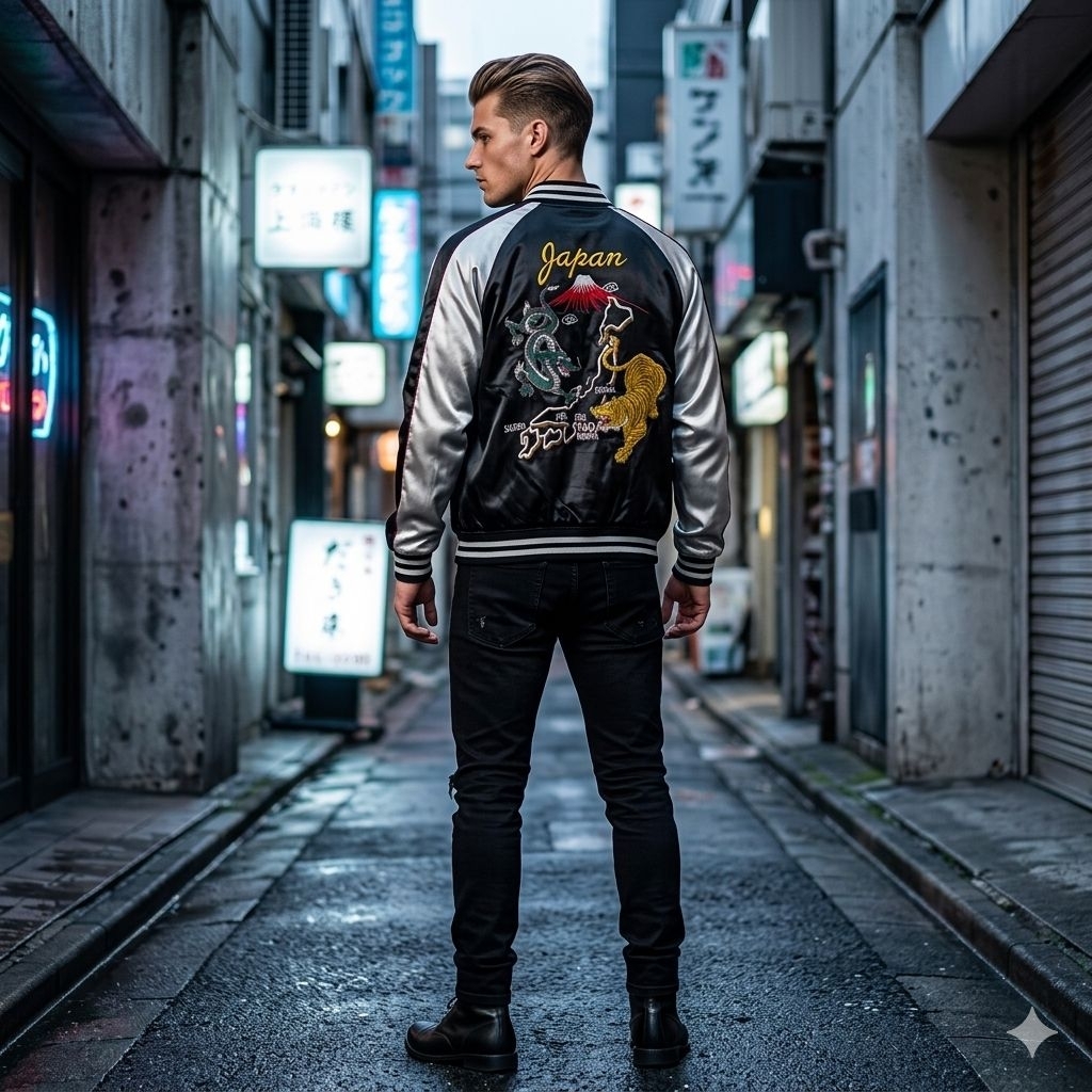 Vintage Sukajan Jaket Tiger & Dragon Black