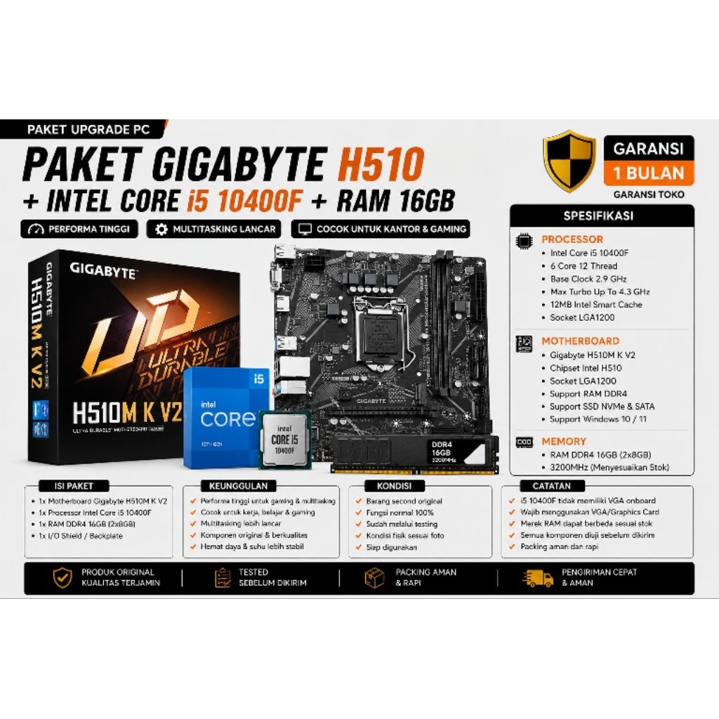 PAKET MOBO GIGABYTE H510 + I5 10400F + RAM 16GB