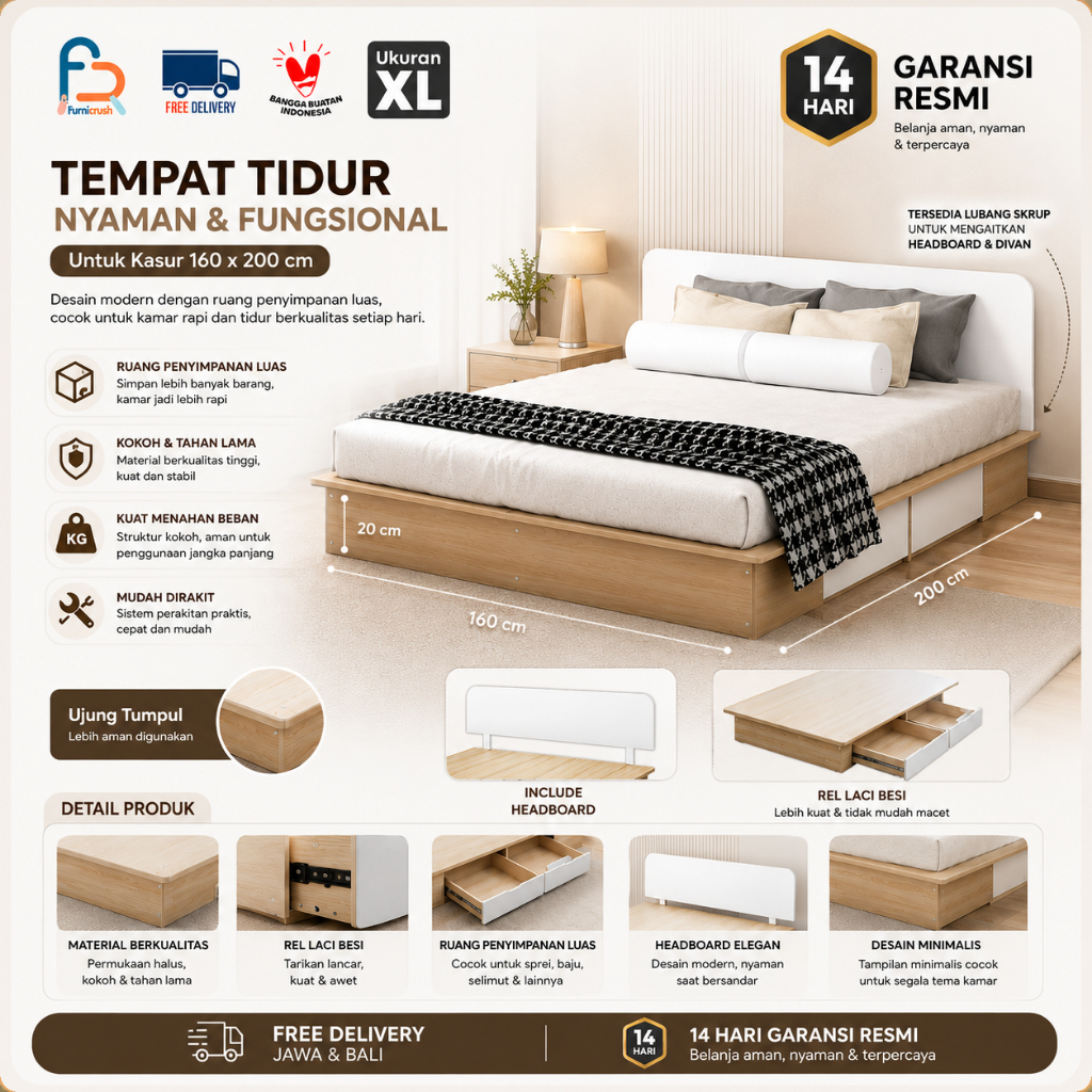 Furnicrush Alas Tempat Tidur / Divan / Divan Headboard / Dipan 160 / Tempat Tidur dengan Laci / Dipa