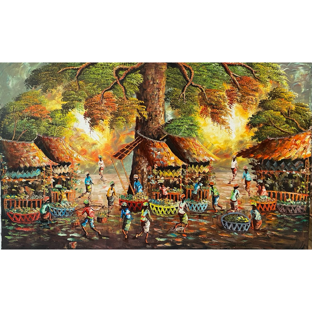 lukisan pasar tradisional Bali, lukisan asli buatan tangan, lukisan cat minyak