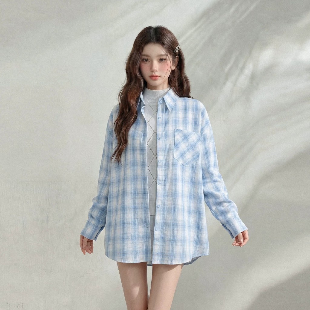 NEW PRODUCT 7TH COLOR / KEMEJA KOTAK BIRU WANITA KATUN LINEN LONGGAR CASUAL OUTER WANITA KOREAN