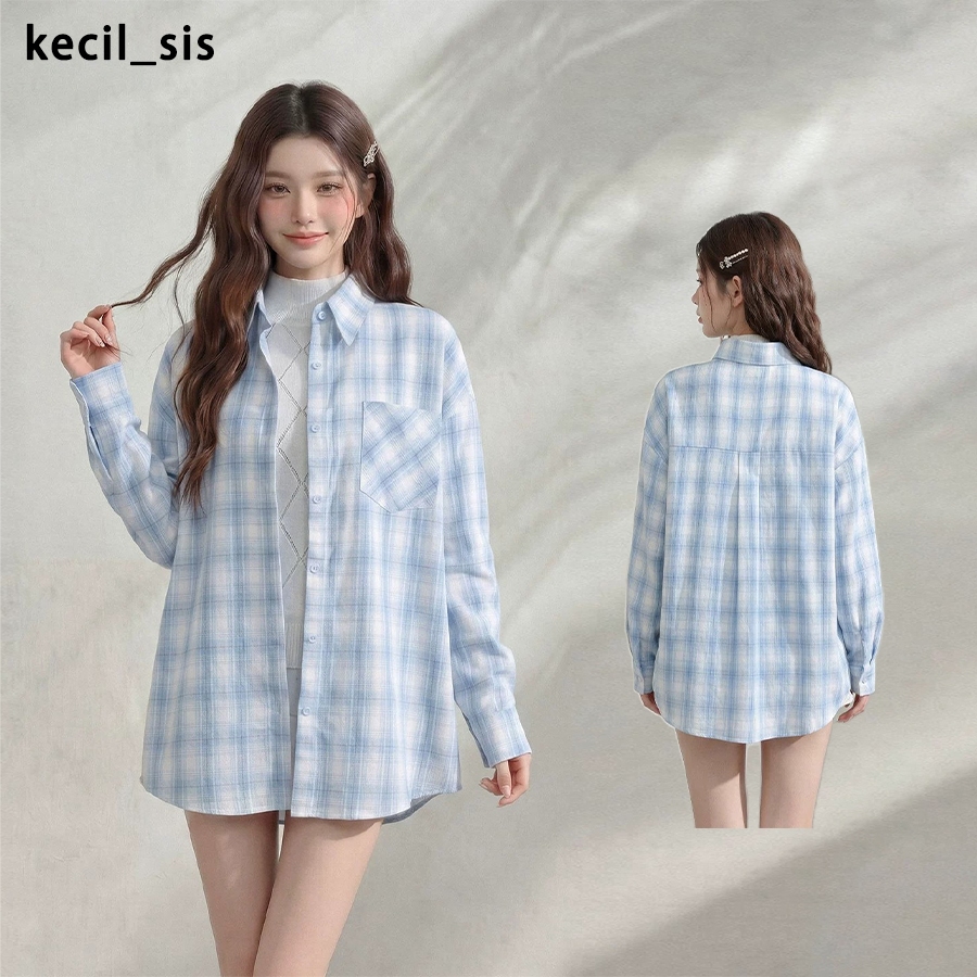 Kemeja Kotak Biru Wanita Oversize Korean Style Adem Nyaman Casual Outer Fashion Kekinian