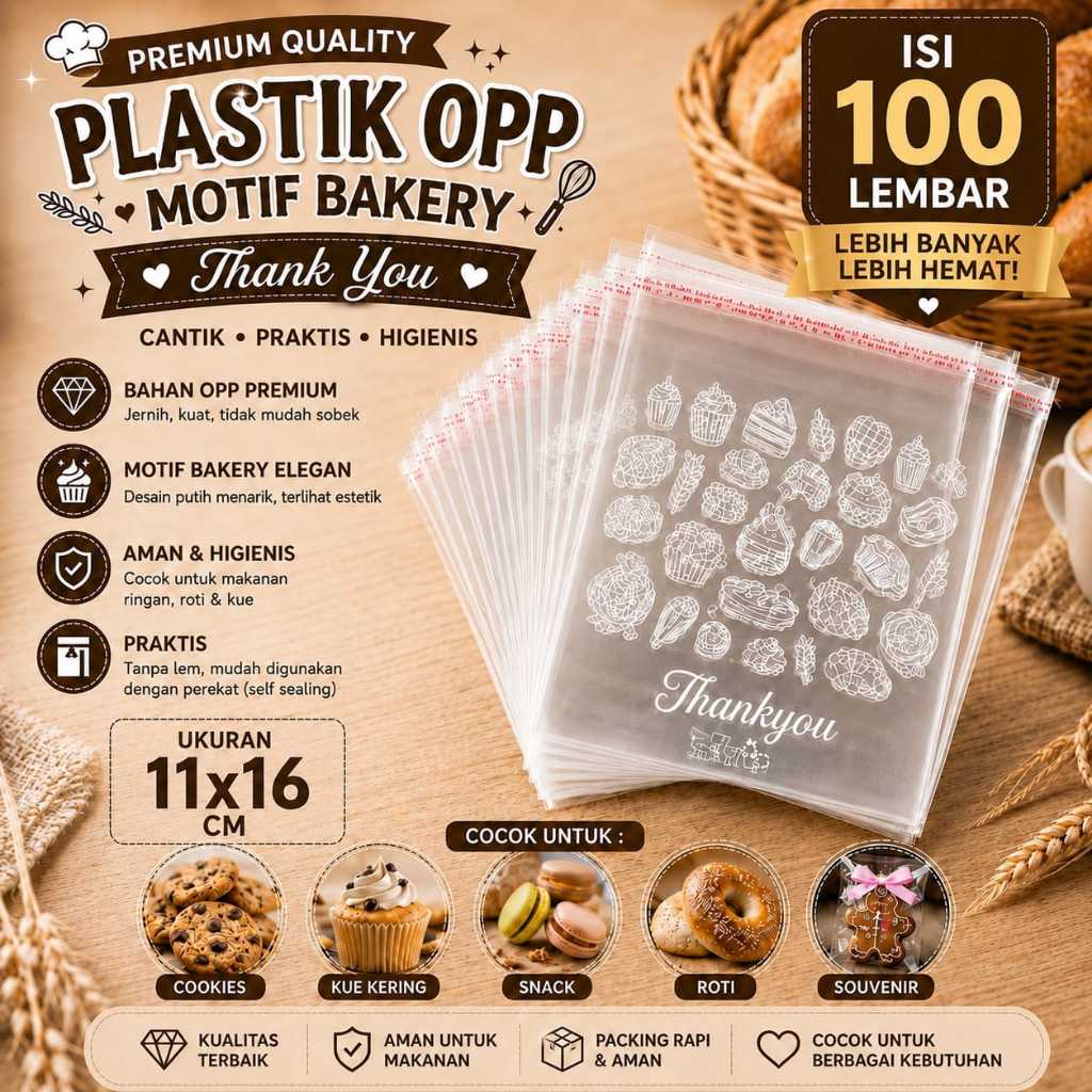 Plastik OPP Motif Bakery Thank You 11x16 isi 100 Lembar OPP Roti OPP kue OPP Cookies