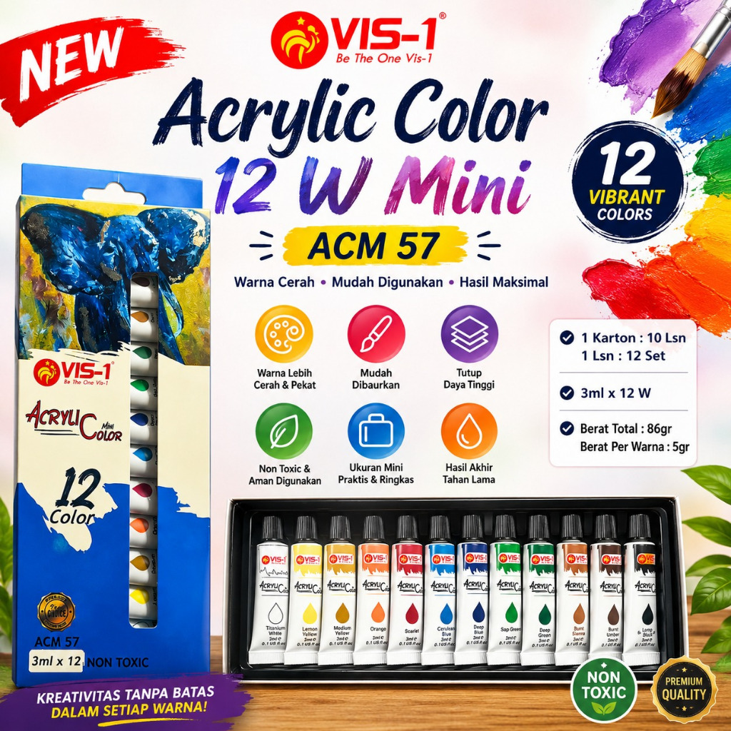 VIS-1 Acrylic Color Mini 3ml ACM-57 / Cat Akrilik 12 Warna / Cat Melukis / Acrylic Paint Set 12 Warn
