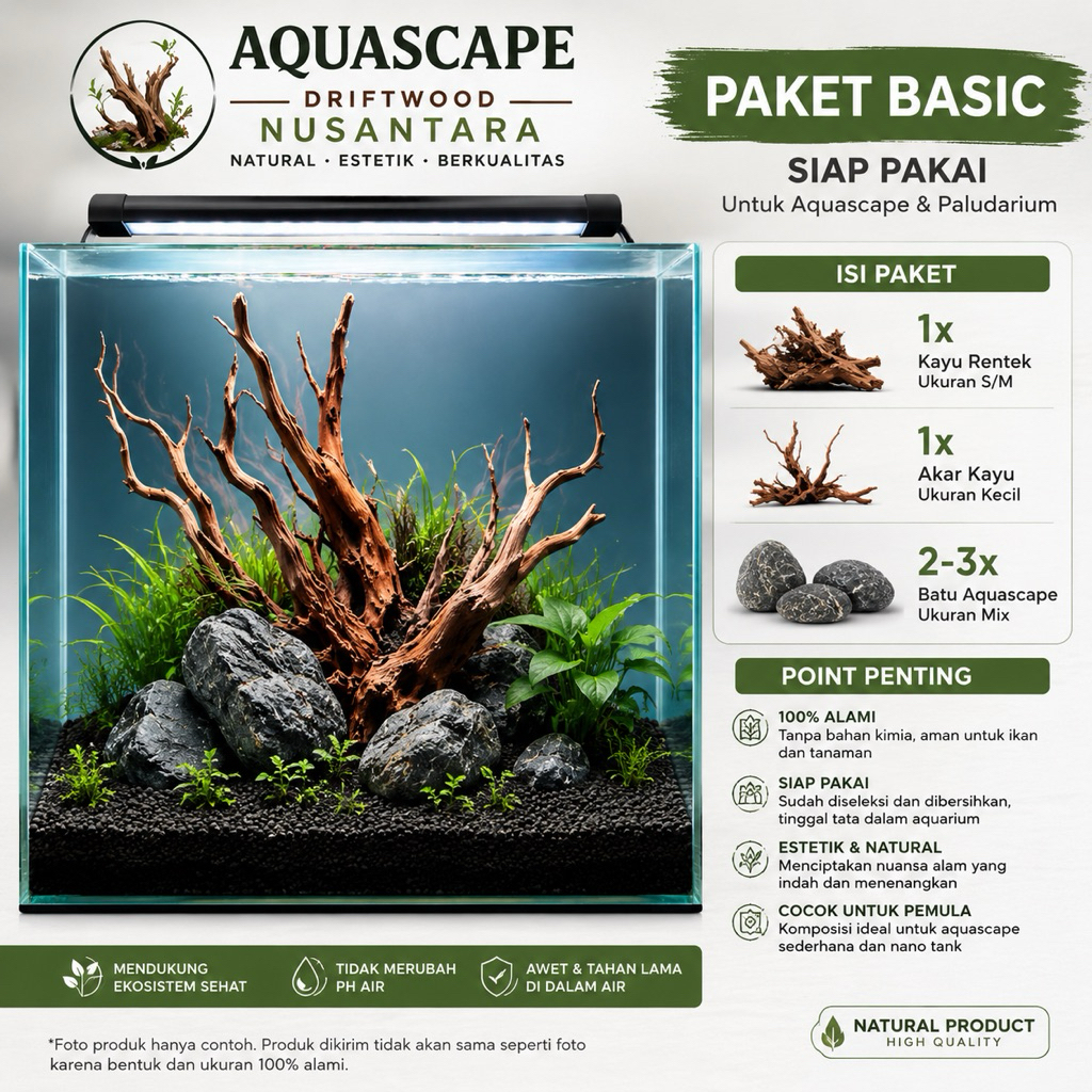 Paket hemat Hiasan Aquascape Siap Pakai 1x Kayu rentek ukuran S/M 1x Akar kayu kecil 2–3x Batu aquas