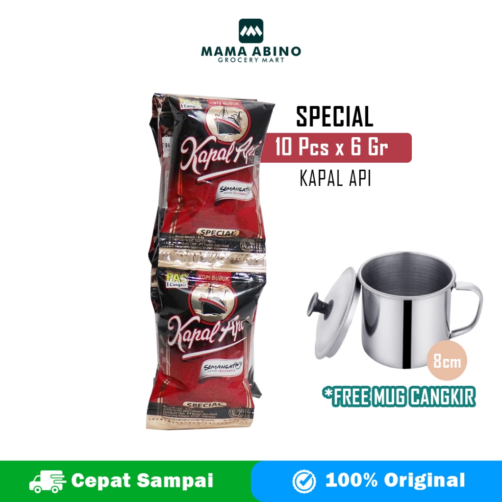 Kopi Kapal Api Special Mini Tanpa Gula 10 Sachet x 6gr (1 Renceng) Free Gelas Mug Cangkir Stainless 