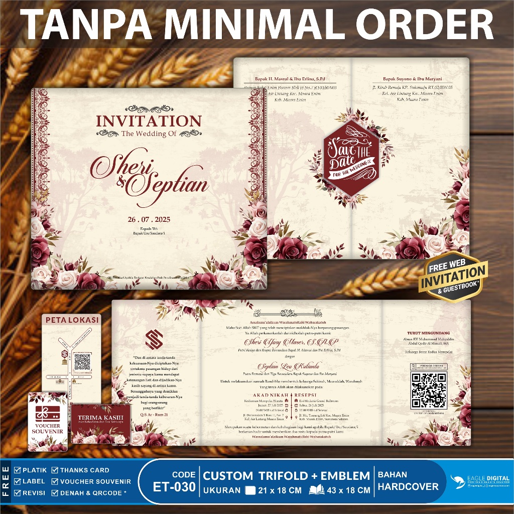 Aesthetic Burgundy | Hardcover Trifold Lipat Tiga I Undangan Pernikahan Tanpa Minimal Order