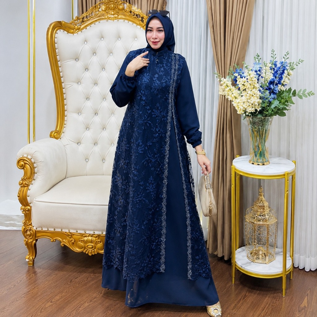 Gamis Brukat Mewah Ceruty Babydoll - Desain Modern, Nyaman, Elegan - Emerald Blue, XL