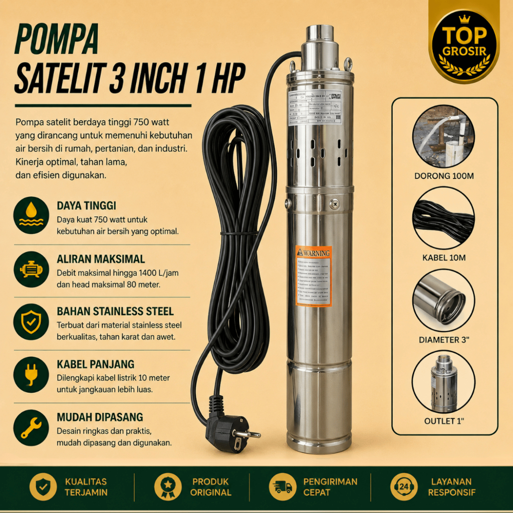 Pompa Sumur Satelit 3 Inch Pompa Sumur Bor Sibel 100 Meter Pompa Submersible Tanam 750 Watt