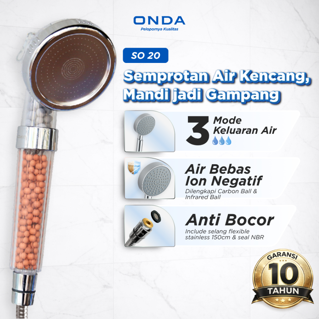 ONDA Hand Shower Mandi SO 20 Shower Heads 2 Mode Air Kepala Shower Genggam Filter Ion Anti Bocor
