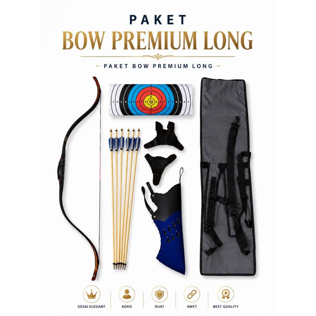 SET / PAKET EKONOMIS BENDING FIBER LONG BOW PREMIUM / BUSUR SIYAH JEPIT ( HORSEBOW ) ARCHERY -  SUNN