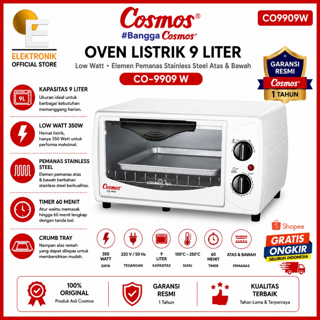 Cosmos CO9909W Oven Listrik 9L Low Watt 350W Elemen Pemanas Stainless Steel Atas Bawah Standard Seri