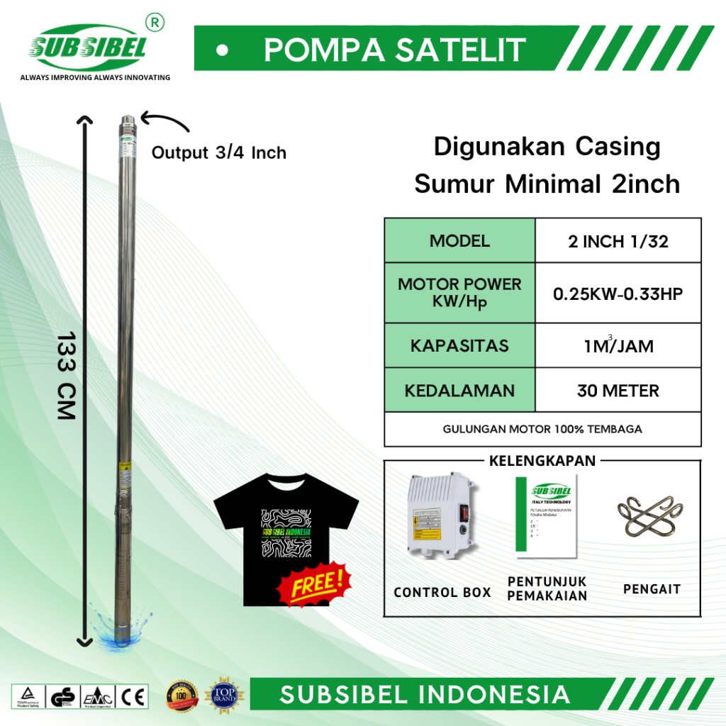 POMPA AIR SATELIT POMPA SUBMERSIBLE  2 INCH 1/32 - 0.33HP - MEREK SUBSIBEL
