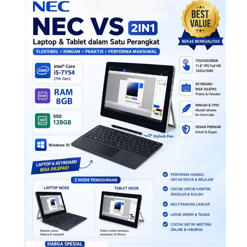 NEC VersaPro VS Core i5 8GB 128GB Touchscreen FHD 2-in-1 LAPTOP TABLET PC-VKT12SGG3