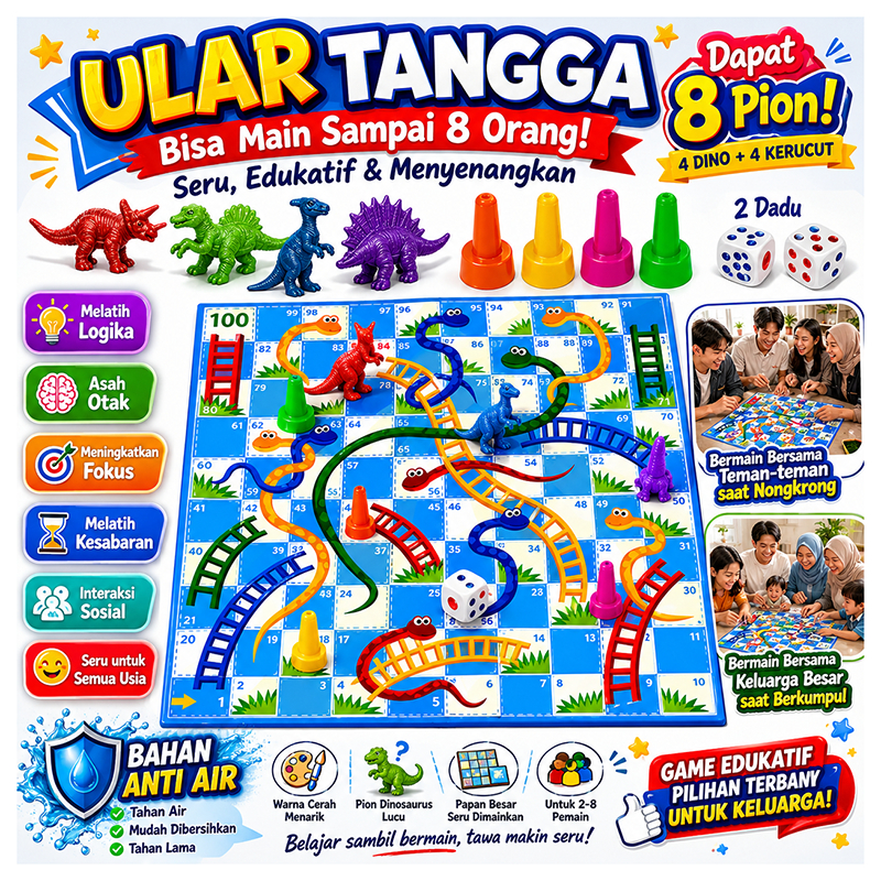 Permainan Ular Tangga 8 Pion Anti Air, 2 Dadu.