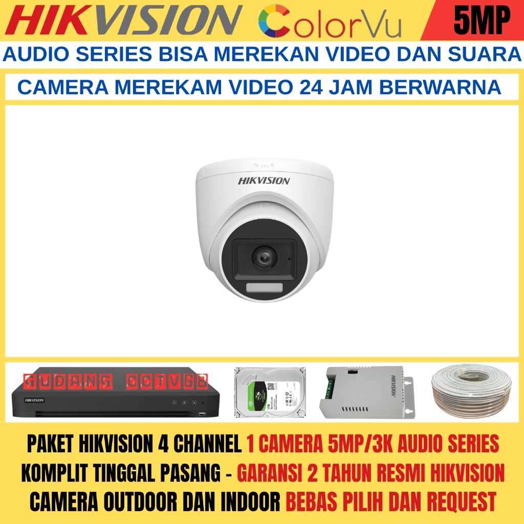 Paket CCTV HIKVISION COLORVU 4 Channel 1 Camera 5MP 3K Full Colour AUDIO TWO WAY Komunikasi 2 ARAH
