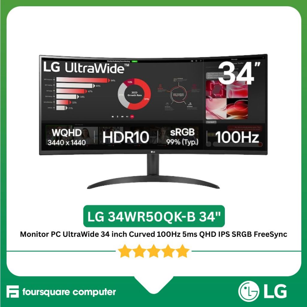 Monitor PC LG UltraWide 34WR50QK-B 34 inch Curved 100Hz 5ms QHD IPS SRGB FreeSync Garansi Resmi