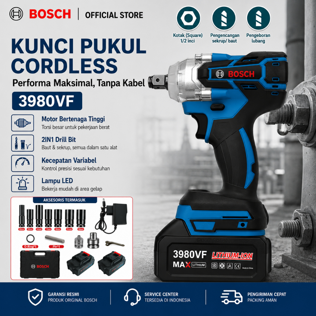 BOSCH Kunci Impact Cordless Brushless 3980VF 1/2 Inch Bor Impact Baterai Lithium Kunci Sok Elektrik