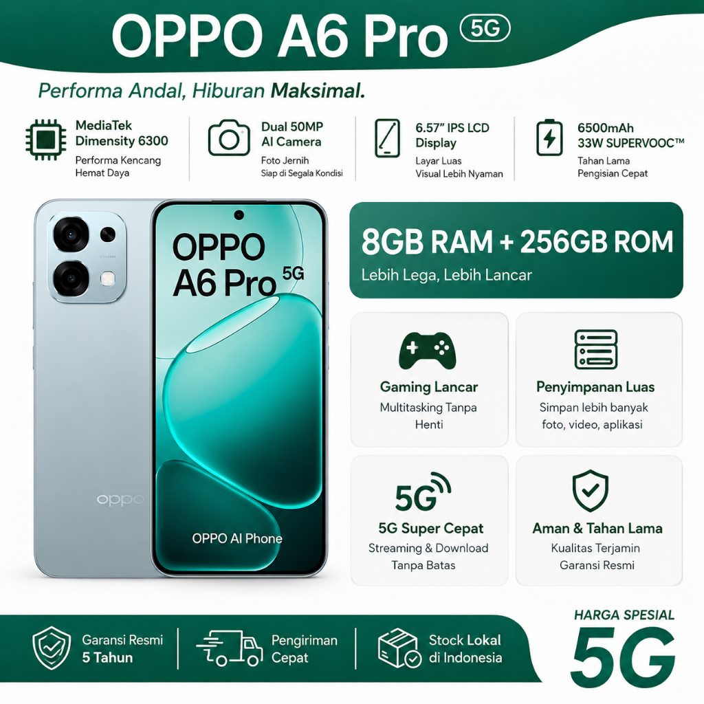OPPO A6 Pro 5G | 8GB RAM + 256GB ROM | Layar 6,57 inci 120Hz FHD+ | Ketahanan Guncangan Tingkat Mili