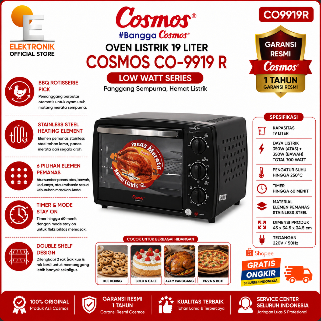 Cosmos CO9919R Oven Listrik 19L BBQ Rotisserie Elemen Pemanas Stainless Steel Low Watt Series Electr