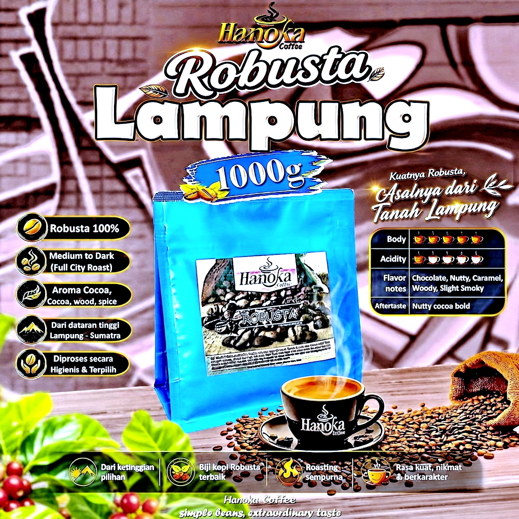 Hanoka Biji Kopi Robusta Lampung 1kg (1000g) - Single Origin Specialty Coffee