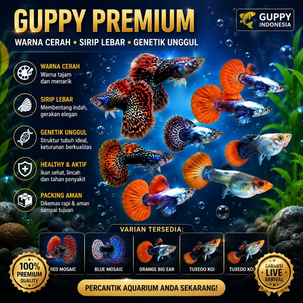 ikan guppy ikan hias fish guppy binatang laut Paket Jantan / Betina / Mix Guppy Cendolan 10 Ekor - H