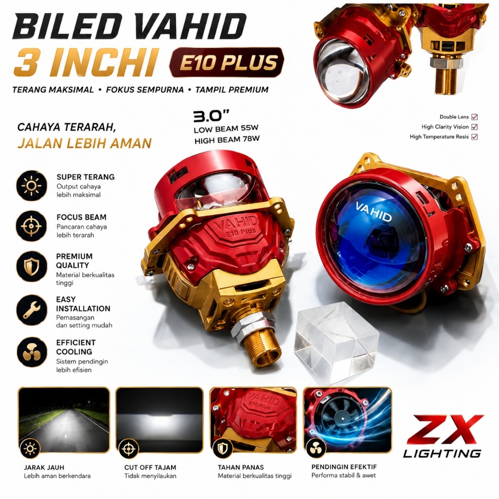 Biled Projector Vahid E10+ Plus 3 inch Purple LENS Premium Lens Biled Vahid E10 68 WATT Premium