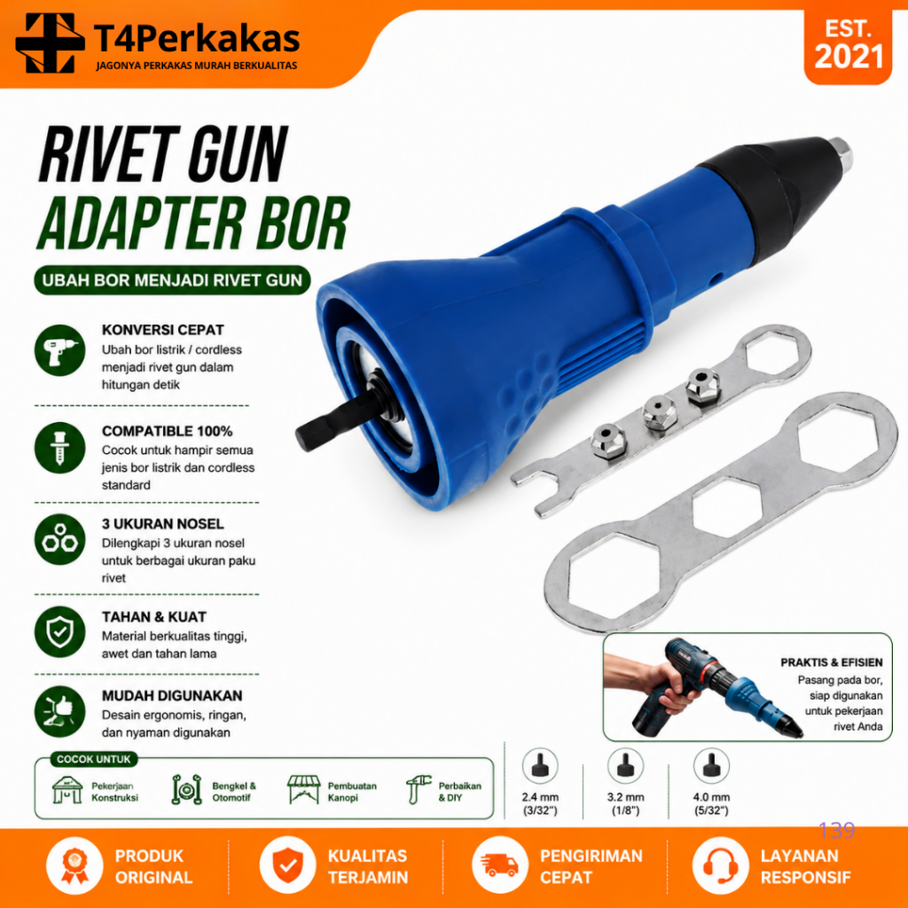 Tang Ripet Rivet Adapter Konverter Bor Rivet Elektrik adapter mesin bor