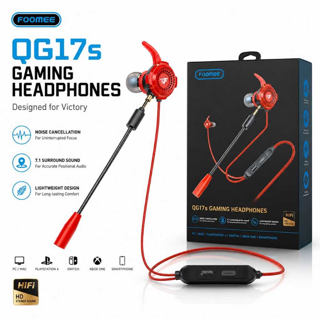 Earphone Gaming FOOMEE QG17S Headset Gamer Mic Jernih HiFi Stereo Bass Noise Reduction