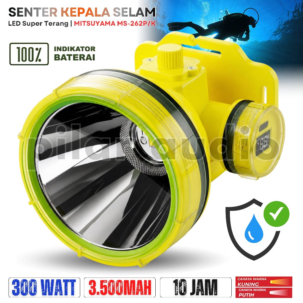Senter Kepala Selam 300W MITSUYAMA MS-262P | Headlamp diving - cahaya Putih - Baterai 3500mAh - Taha