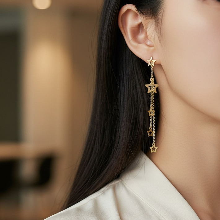 Anting Serut Rumbai Bintang Gold Titanium - Anting Panjang Wanita Model Bintang - Aksesoris Telinga 