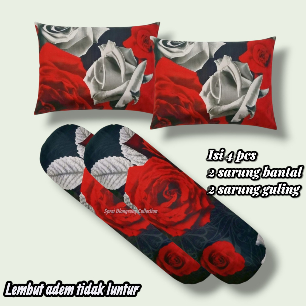 Set 4 Pcs Sprei Motif Mawar Merah Putih Hitam 2 Sarung Bantal 2 Sarung Guling