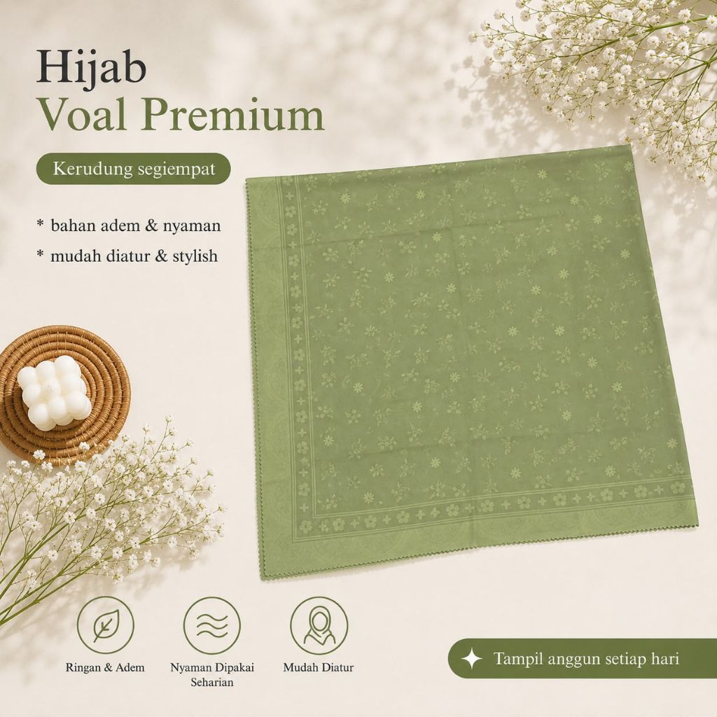 Hijam Segiempat Sage Voal Premium Motif
