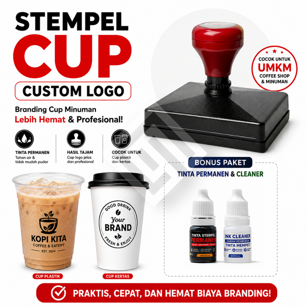 Stempel Cup Minuman Custom Logo Branding Cup Custom Logo Cap Gelas Plastik Tinta Permanen