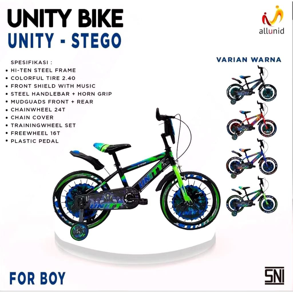 Sepeda anak cowok roda empat Unity bike 12/16 inch Unity stego