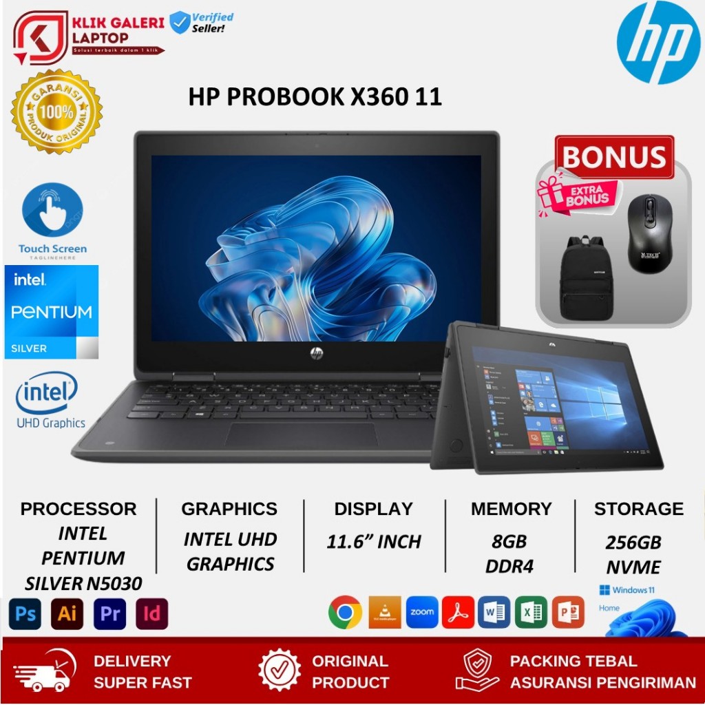 HP ProBook x360 11 G5 Pentium N5030 8GB 256GB SSD 11.6 Touchscreen Win11 Pro Laptop Lipat 2 in 1 Mur