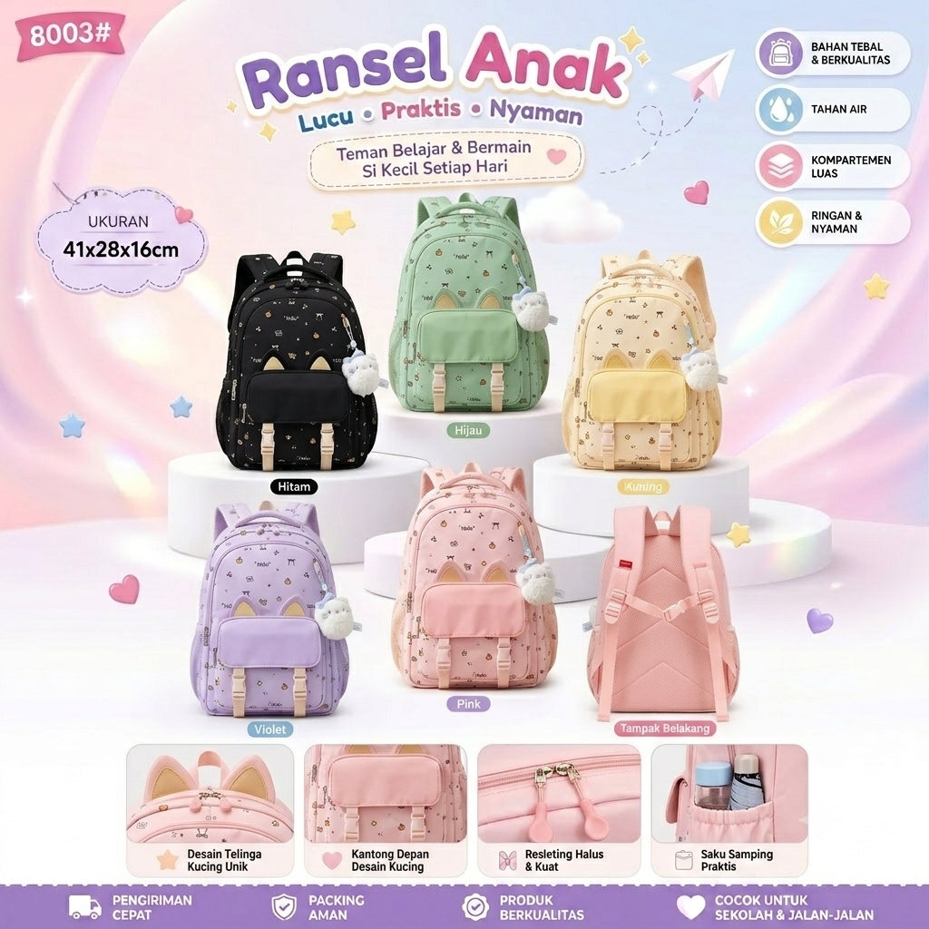 SACHI-BABF32 Tas ransel anak perempuan motif kucing lucu Tas sekolah SD SMP SMA kapasits besar anti 