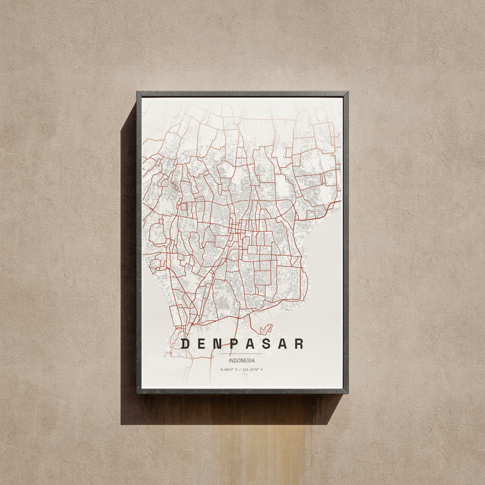 Denpasar City Map Wall Art Poster Peta Kota Denpasar Hiasan Dinding Aesthetic Ukuran A3