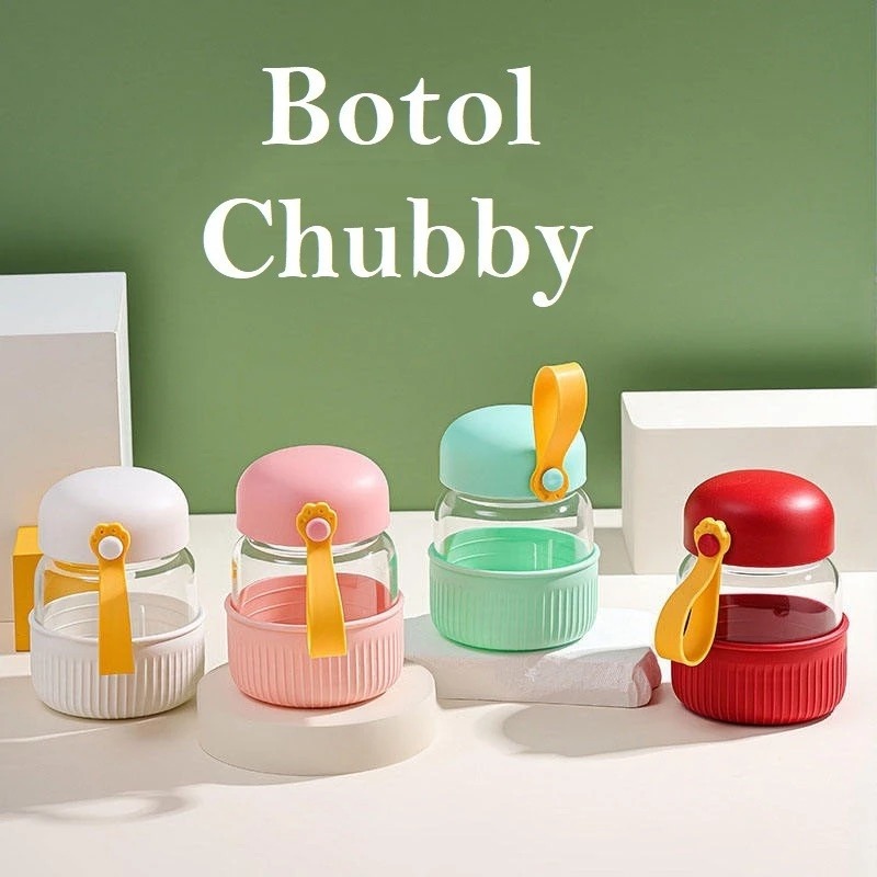 Botol Minum Kaca Mini Chubby Imut 300ml Pegangan Tali Botol Susu Lucu Tahan Panas Estetik Gelas Souv
