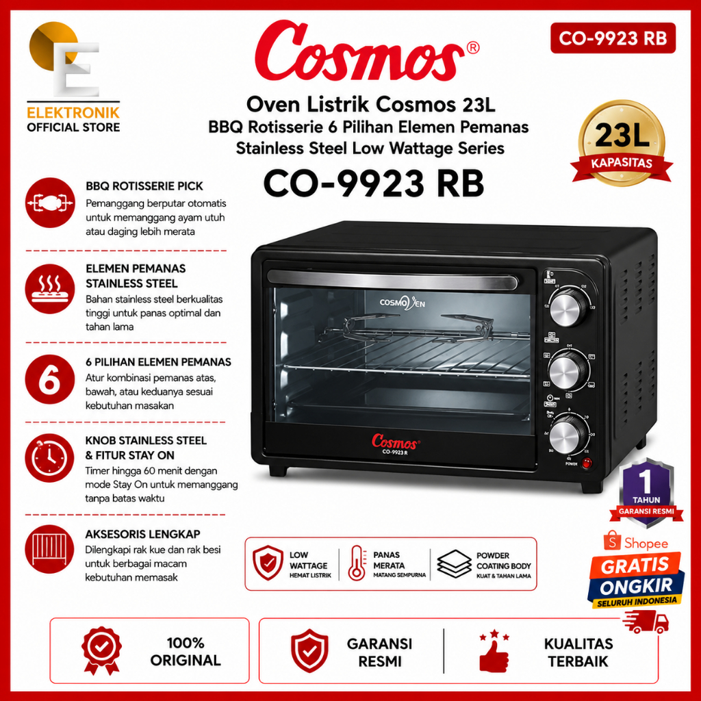 Cosmos CO9923RB Oven Listrik 23L BBQ Rotisserie 6 Pilihan Elemen Pemanas Stainless Steel Low Wattage