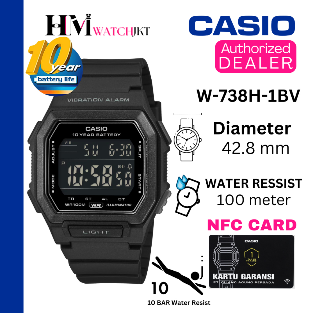 CASIO W-738H-1BVDF Jam Tangan Pria Original Digital Antiair W-738H-1BV W-738