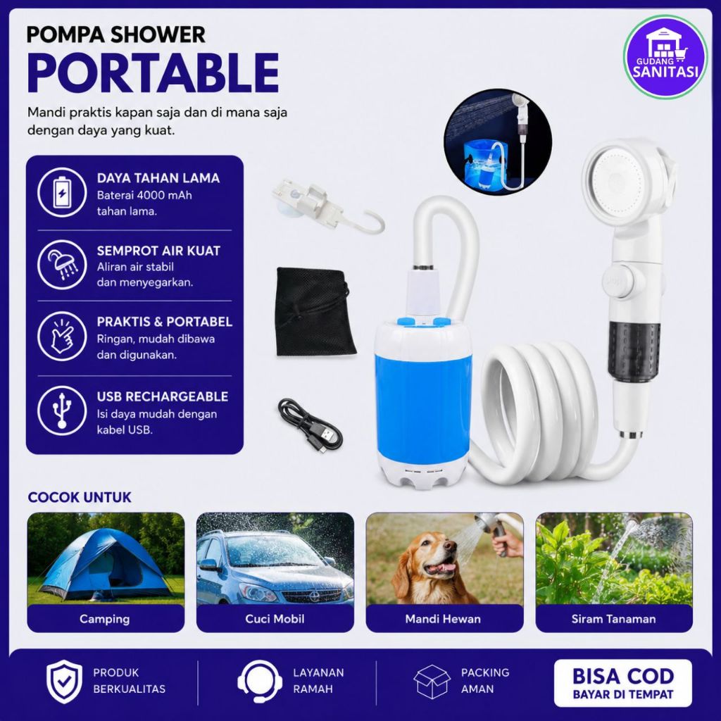 Pompa Shower Portable 4000 mAh Pompa Celup Sprayer Mandi Outdoor Portable Shower