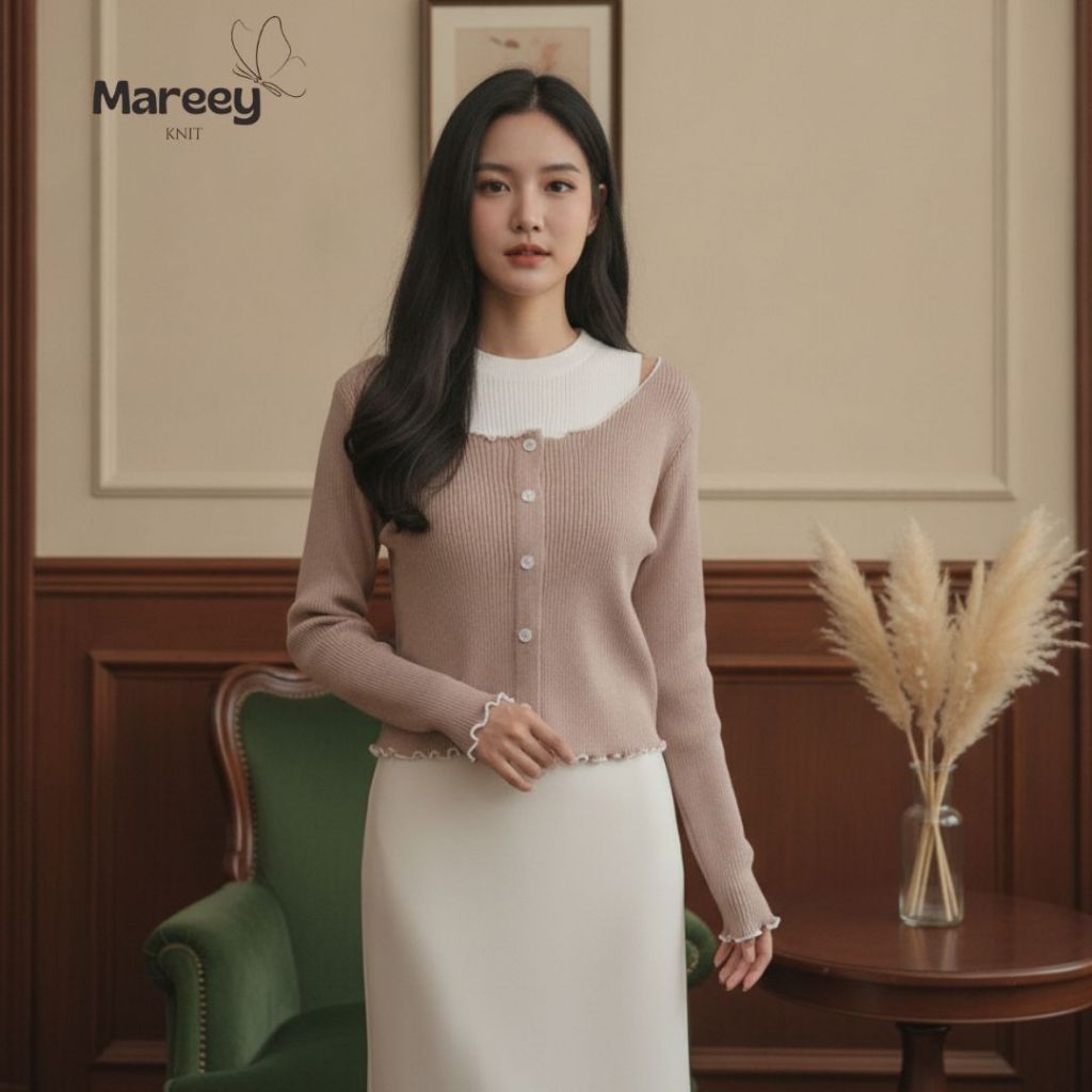 Mareey - Azusa Atasan Wanita Neckles Two Looks Buttom Knit Premium (XET)