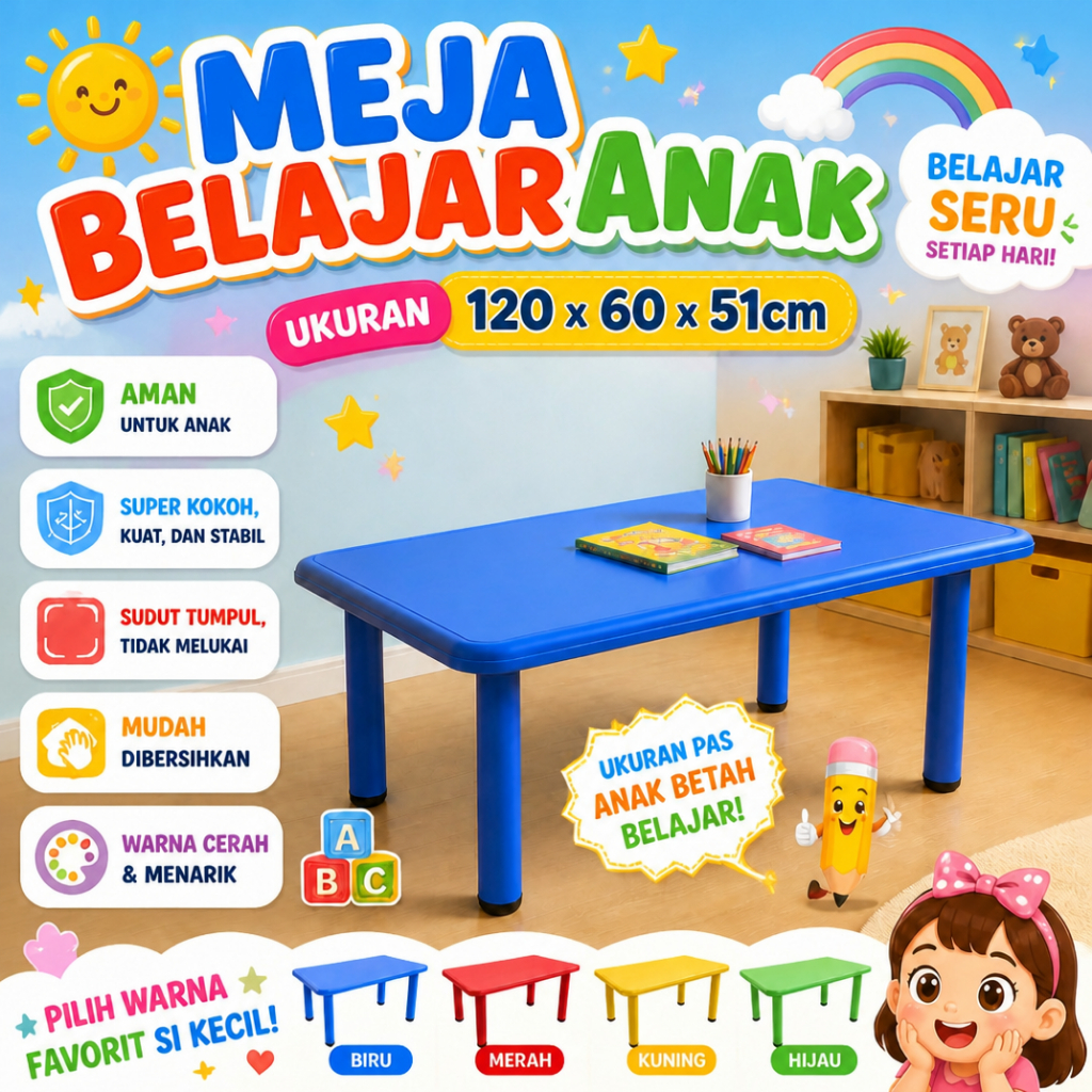 Meja Anak Plastik Persegi Panjang Kaki Besi Meja Belajar TK Paud Colorful Kids Table Ergonomis