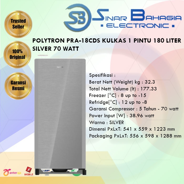 POLYTRON PRA-18CDS KULKAS 1 PINTU 180 LITER SILVER 70 WATT (NEW)