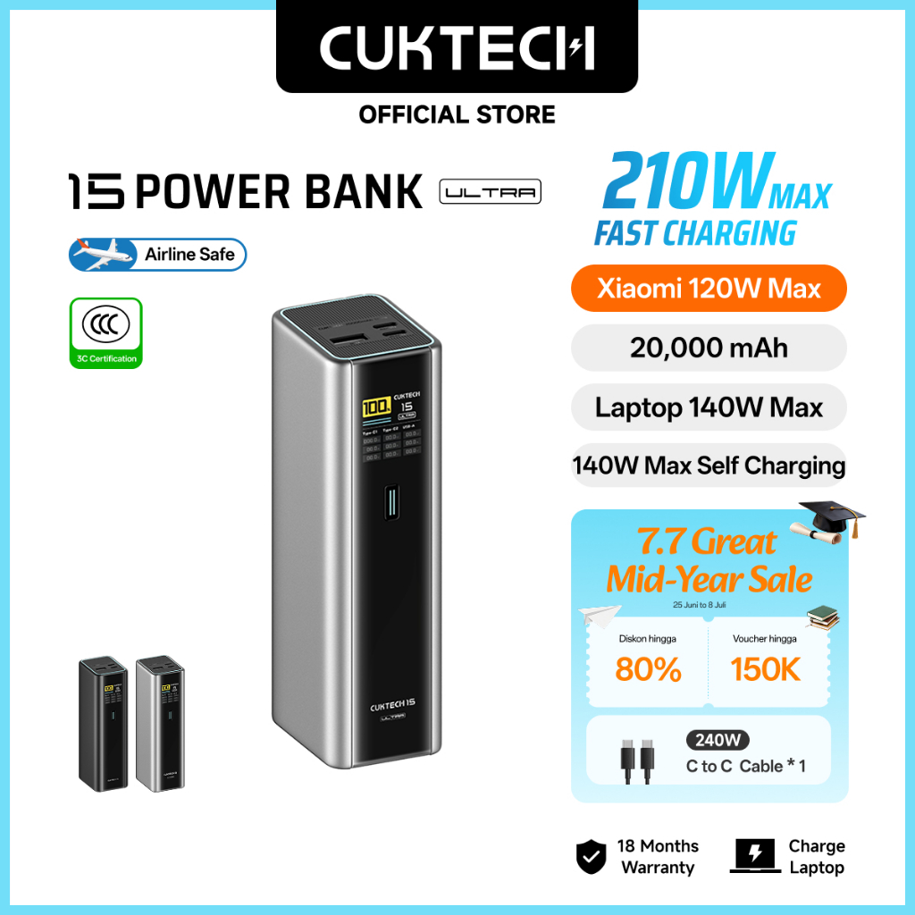 [CCC Certified] CUKTECH Powerbank 210W Max 20000mAh PD3.1 Fast Charging Smart Digital Display 3 Port