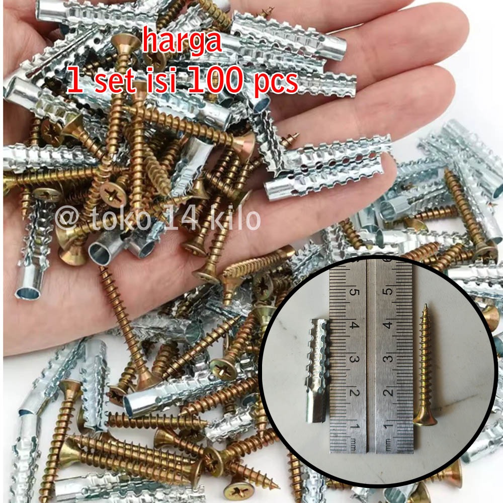1 set isi 100pcs Angkur Baut Tembok Sekrup Dinding Hebel Fiser Anchor Skrup Pengait Tembok