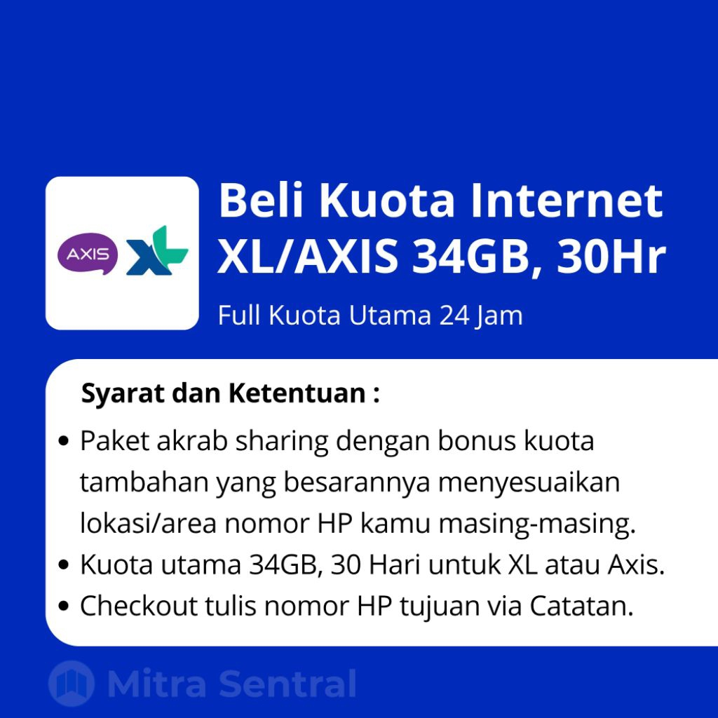 Data XL/AXIS 34GB, 30 Hari Kuota Utama