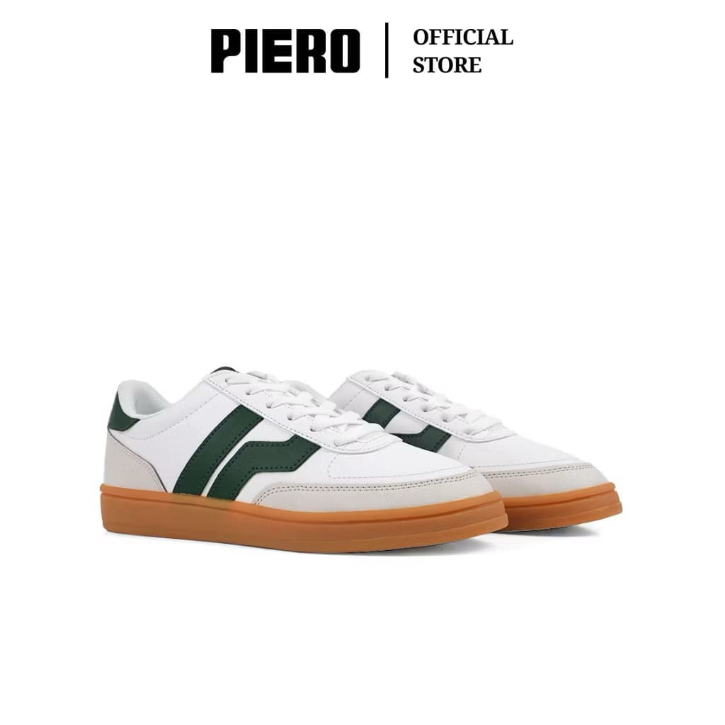 PIERO SEPATU SNEAKERS PRIA COURT DERBY BIG LOGO WHITE GREEN GUM PIE 1000154 ORIGINAL GUMSOLE
